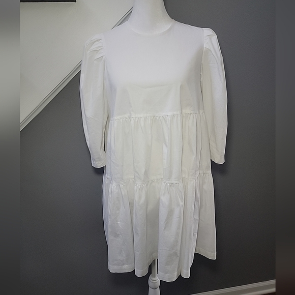 DANIELLE BERNSTEIN White Textured Woven 3/4 Sleeve Mini Baby Doll Dress XS - Picture 2 of 8
